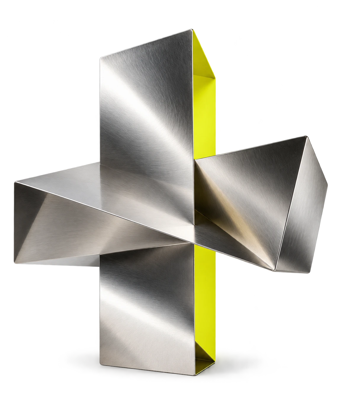 A sculptural plus, folded in brushed silver with a bright yellow inner edge.
